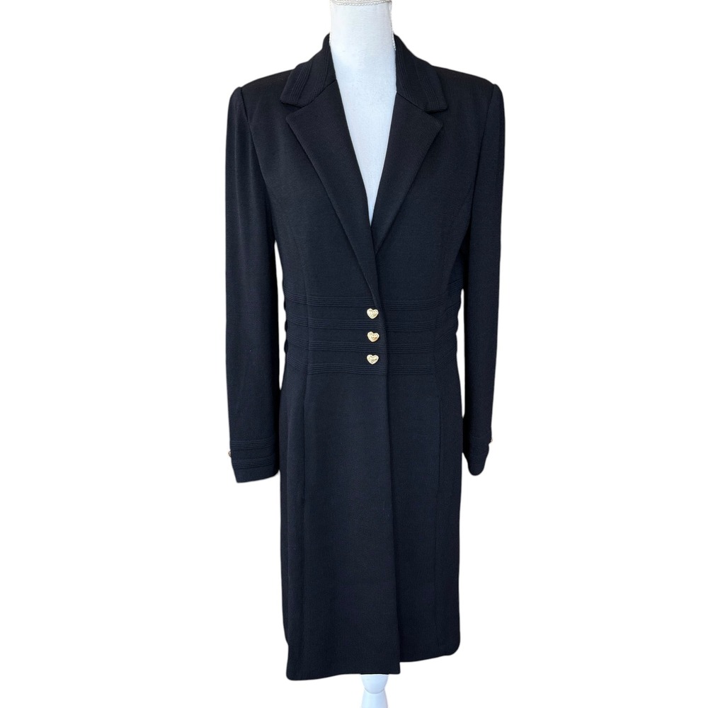 St John Wool Black Knit Long Blazer Heart Gold Buttons Coat Size 10